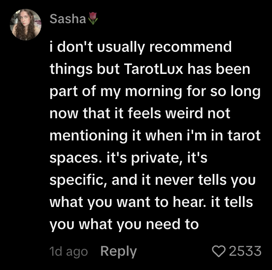 TikTok comment from Sasha about TarotLux morning routine